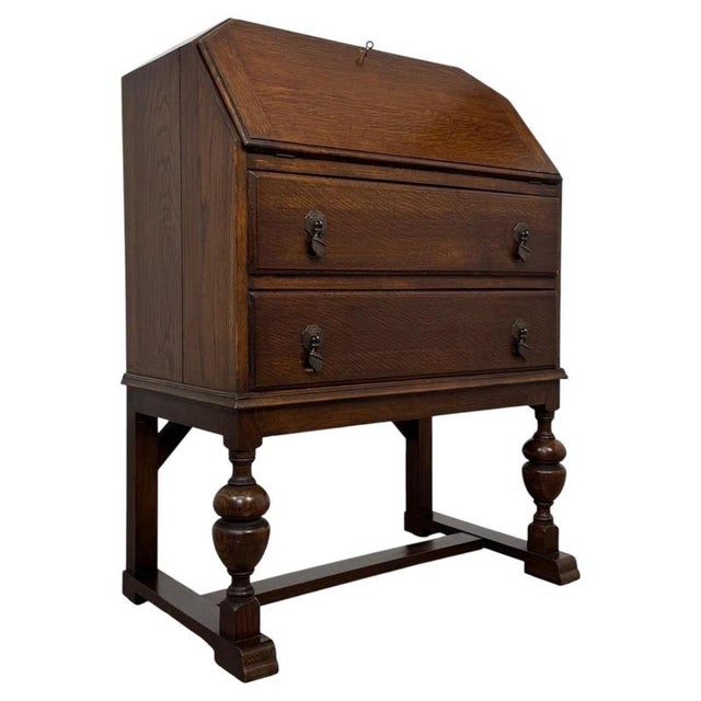 Antique Early 20th Century English Oak Bureau For Sale - Image 3 of 14
