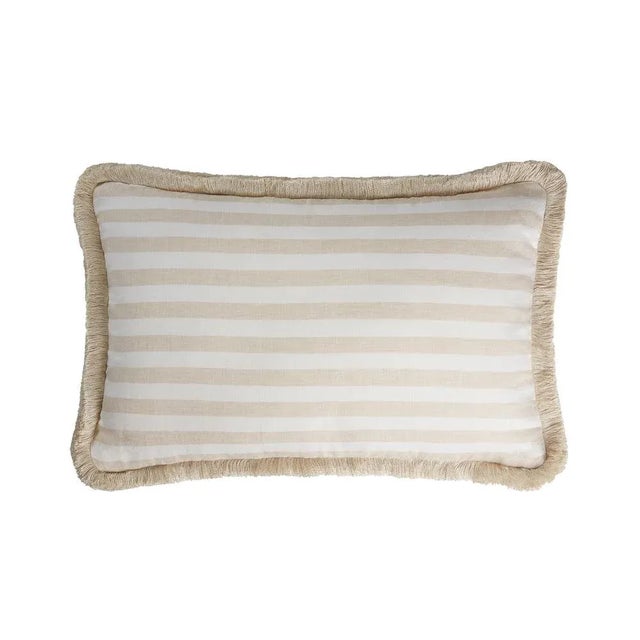 White Beige with Beige Fringes Happy Linen Striped by LO DECOR for Lorenza Briola For Sale - Image 6 of 6