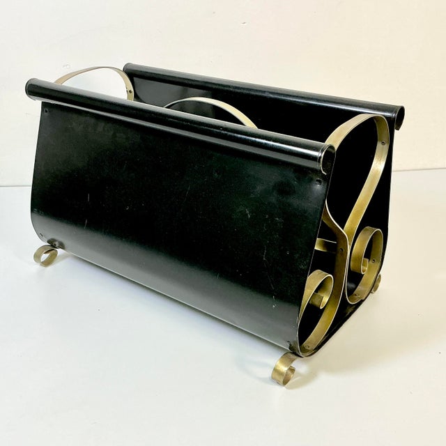 Black 1950s Vintage Arts & Crafts Boho Chic Hand Painted Tole Metal Magazine Rac For Sale - Image 8 of 12