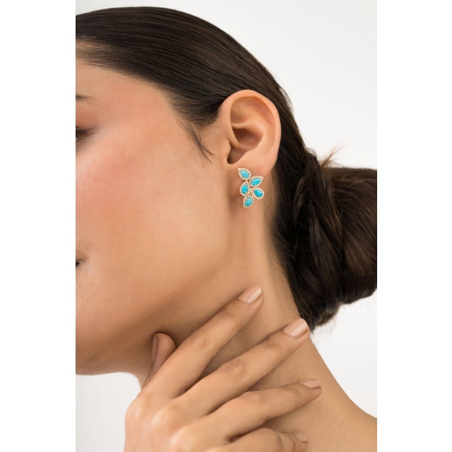 Turquoise 2.29ct Pear Cabochon Turquoise & Diamond Floral Stud Earrings in 14k Gold- A Pair For Sale - Image 8 of 12