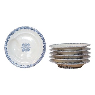 19th Century French Terre de Fer Blue and White Asparagus Plates, Six Available For Sale