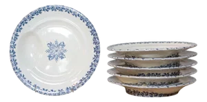 19th Century French Terre de Fer Blue and White Asparagus Plates, Six Available