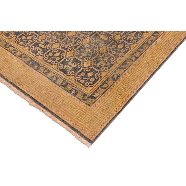 1980s 1980s Bohemian Semi Antique Low Pile Blue/Gold Wool Rug - 6'1" X 6'10" For Sale - Image 4 of 9