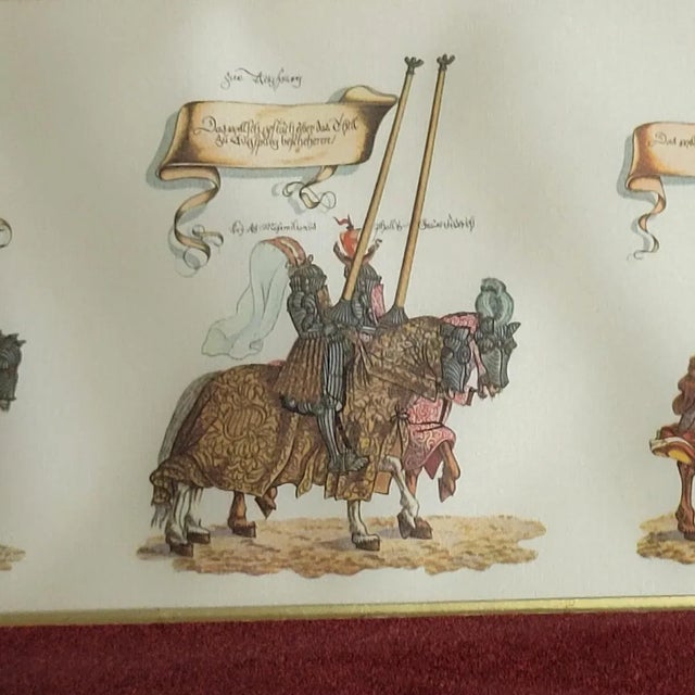 Pair of Framed Hand-Colored German Knight Parade Prints on Silk For Sale - Image 15 of 18