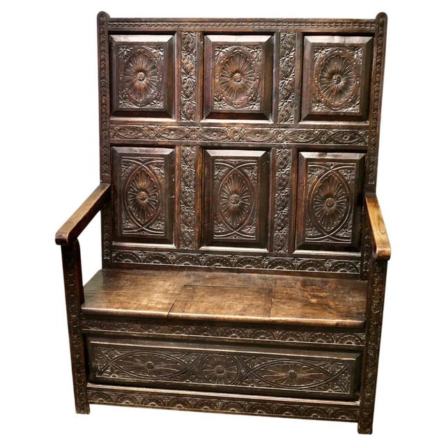 18th Century Carved High Back Oak Box Settle For Sale - Image 10 of 10
