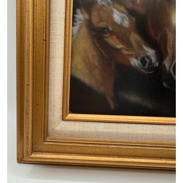 Farmhouse Vintage Gold Framed Pastel Painting of Palomino Mare Horse W/ Foal Equestrian Art For Sale - Image 3 of 15