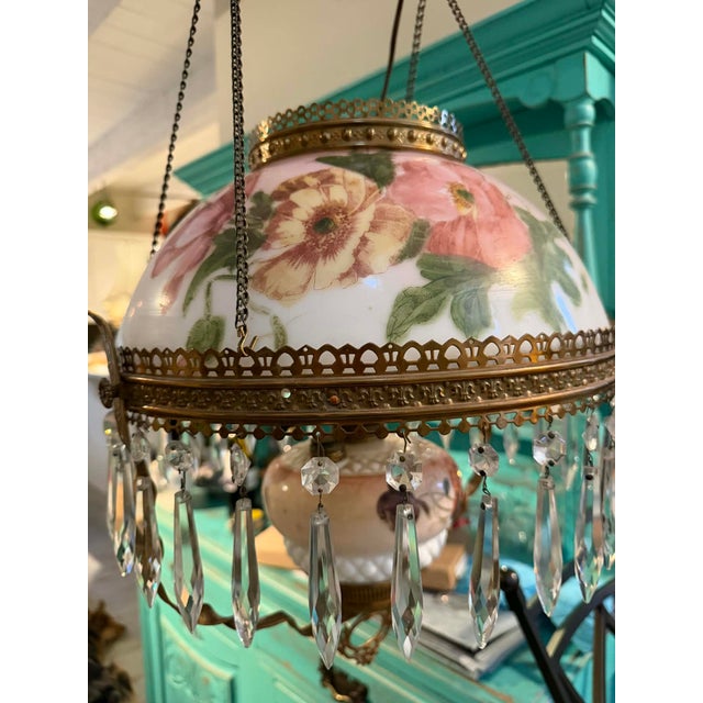 Antique Victorian Floral Painted Glass & Brass Hanging Chandelier With Crystal Prisms For Sale - Image 13 of 16
