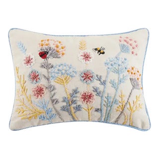 Gingham Flowers Embroidered Pillow, 16" x 12" For Sale