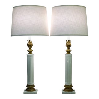 1960s Stiffel Neoclassical Hollywood Regency Porcelain Composite Style Column Marble Brass Table Lamps - a Pair For Sale