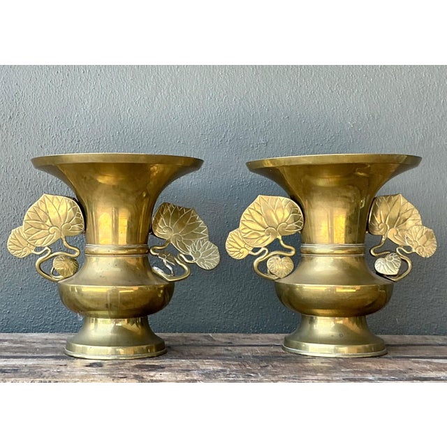 Vintage Brass Ginko Motif Vases - A Pair For Sale - Image 13 of 16