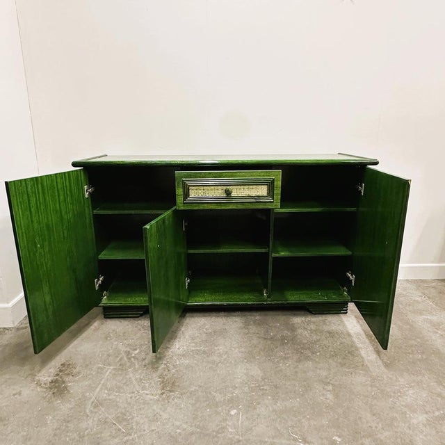 Gold Vintage Green Lacquered Sideboard with Woven Cane Panels, Italy, 1980s For Sale - Image 8 of 15