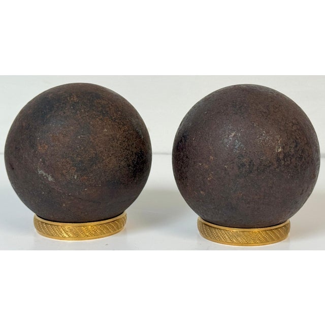 Chocolate Pair Confederate Civil War Cast Iron Cannonballs with Century Ormolu Mounts For Sale - Image 8 of 18