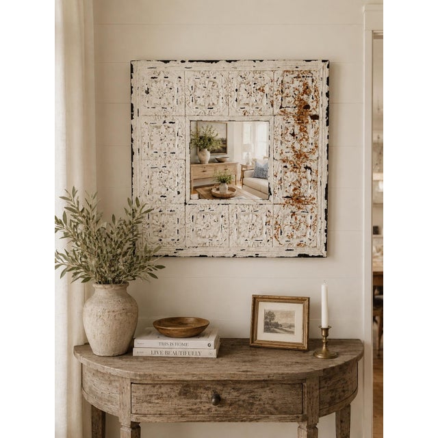 Wood Distressed White Embossed Metal & Wood Wall Mirror | Rustic Farmhouse | French Country | 20.5" Square For Sale - Image 7 of 7