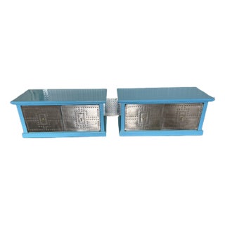 1970's Industrial Turquoise and Studded Metal Cabinets a Pair For Sale
