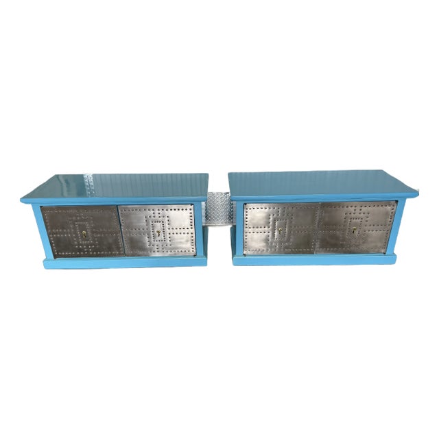 1970's Industrial Turquoise and Studded Metal Cabinets a Pair For Sale