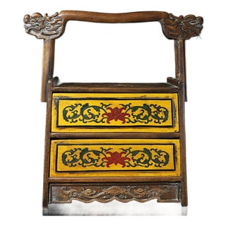 1980s Rosewood Polychrome Painted Portable Chest With Drawers & Dragon Crest | Chinoiserie Vanity Box For Sale