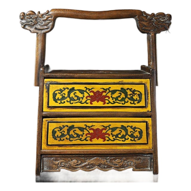 1980s Rosewood Polychrome Painted Portable Chest With Drawers & Dragon Crest | Chinoiserie Vanity Box For Sale