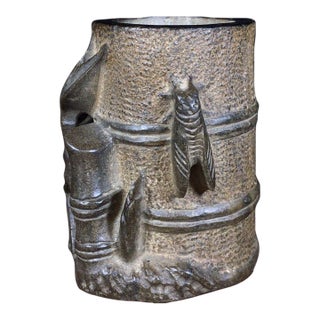Late 20th Century Chinese Bluestone Carved Bamboo-Joint Brush Pot For Sale
