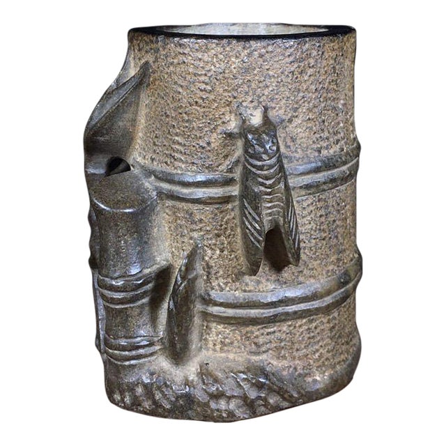 Late 20th Century Chinese Bluestone Carved Bamboo-Joint Brush Pot For Sale