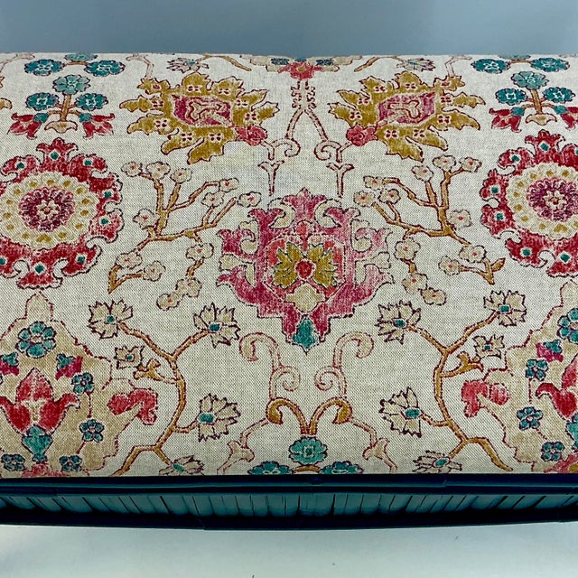 Cerulean Mid-Century Boho Chic Coastal Bamboo Bench - Newly Upholstered in Ikat Linen For Sale - Image 8 of 18