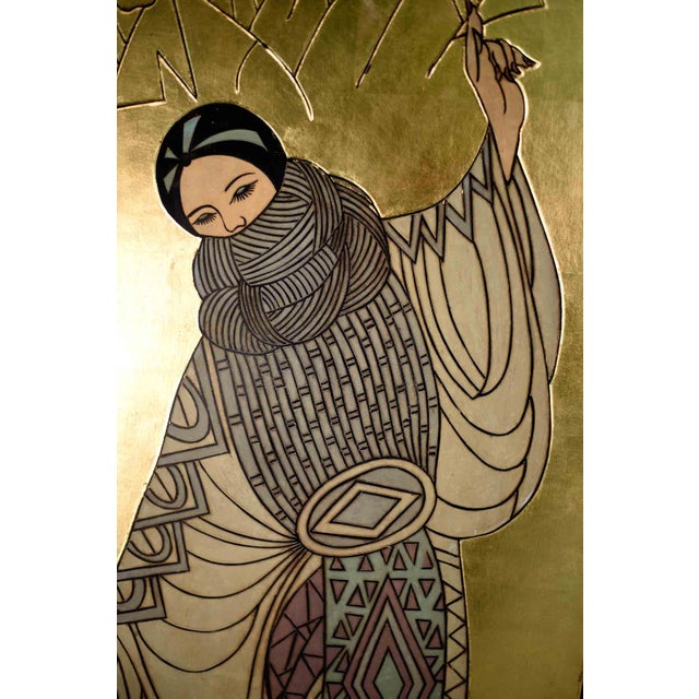 Art Deco Vintage Art Deco Gold Leaf Bi-Fold Screen Room Divider Style of Erté For Sale - Image 3 of 11
