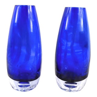 Set of Two Blue Art Glass Vases For Sale