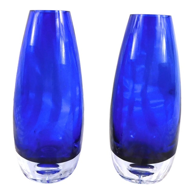 Set of Two Blue Art Glass Vases For Sale