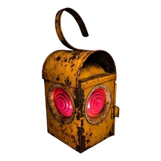 Vintage Industrial Yellow Bullseye Signal Lantern with Red Glass Lenses, 1940s For Sale
