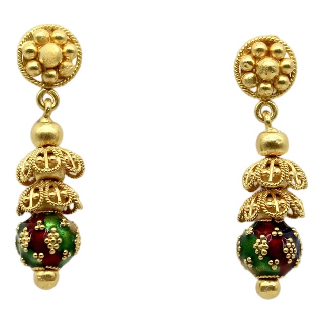22k Gold Indian Cannetille Dangle Earrings With Multi Color Enamel, A Pair For Sale