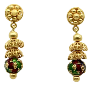 22k Gold Indian Cannetille Dangle Earrings With Multi Color Enamel, A Pair