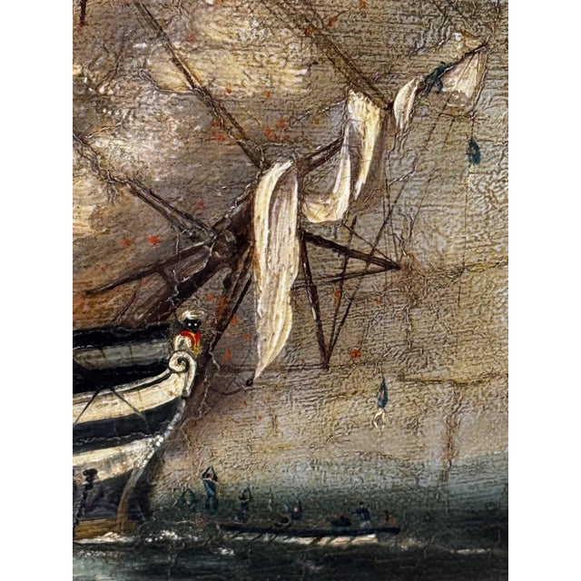 Wood Victorian British Naval Marine Oil Painting HMS Bombay on Fire Off Montevideo 1864 After Beechey For Sale - Image 7 of 18