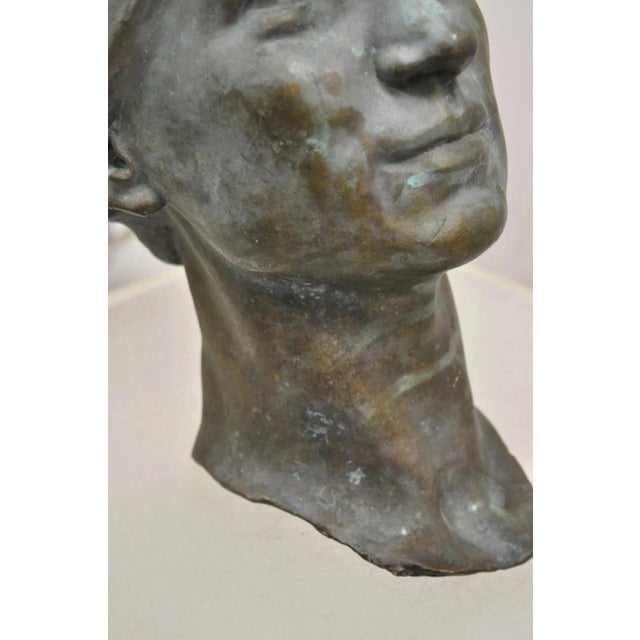 Metal Vintage Patinated Cast Bronze Bust Statue Sculpture of Woman With Pinned Hair For Sale - Image 7 of 12
