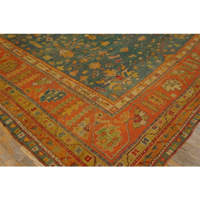 Marvelous Sky Blue Ground Color Medallion/Crest Pattern AntiqueTurkish Oushak Rug For Sale - Image 9 of 12