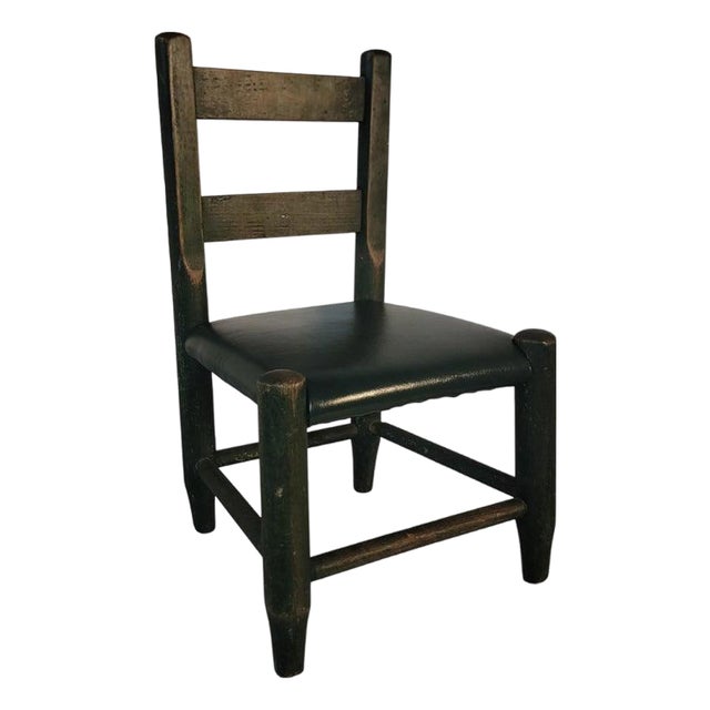 Mid 19th Century Green Painted Child's Ladder Back Chair W/Green Leather Seat Cushion For Sale