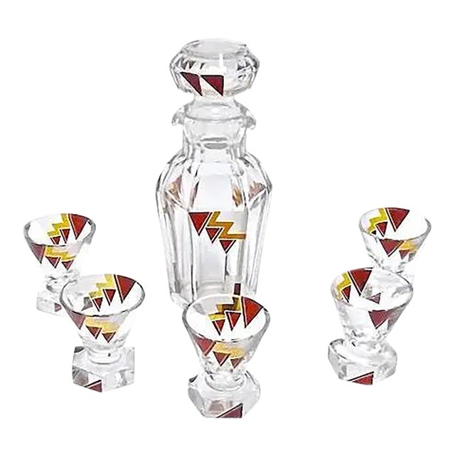 Art Deco Karl Palda Crystal Liquor Decanter and Glasses - Set of 6 For Sale
