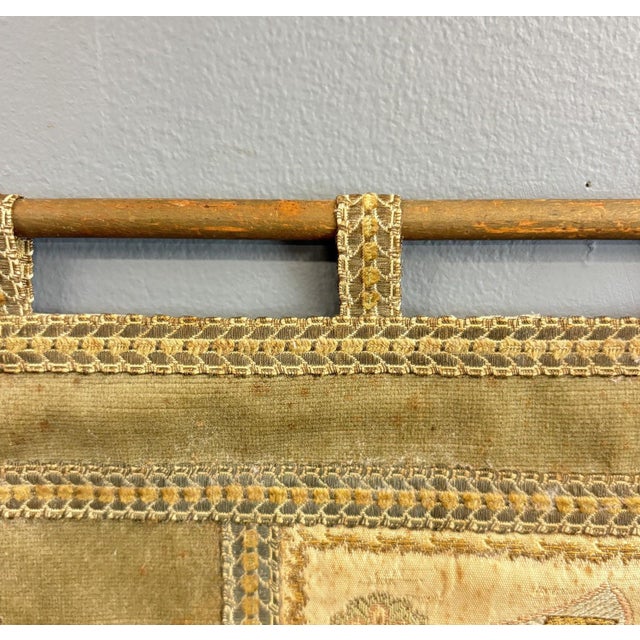 Gothic Vintage Medieval Revival Embroidered Wall Tapestry With Wood Rod For Sale - Image 3 of 4
