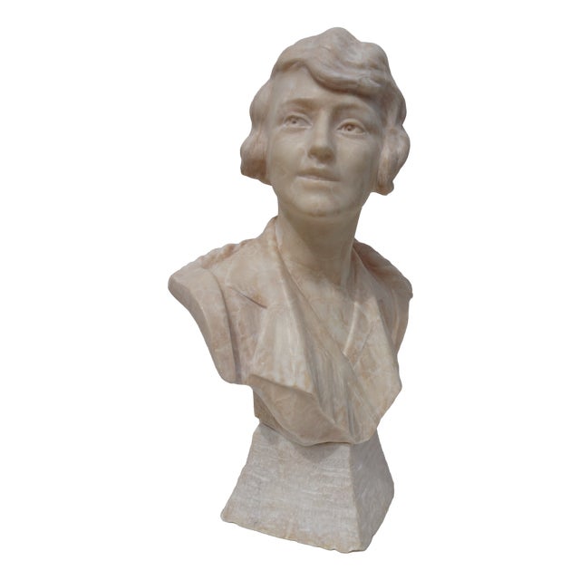 Italian Artist, Large Art Deco Carved Bust of Woman, 1920s-1940s, Alabaster For Sale