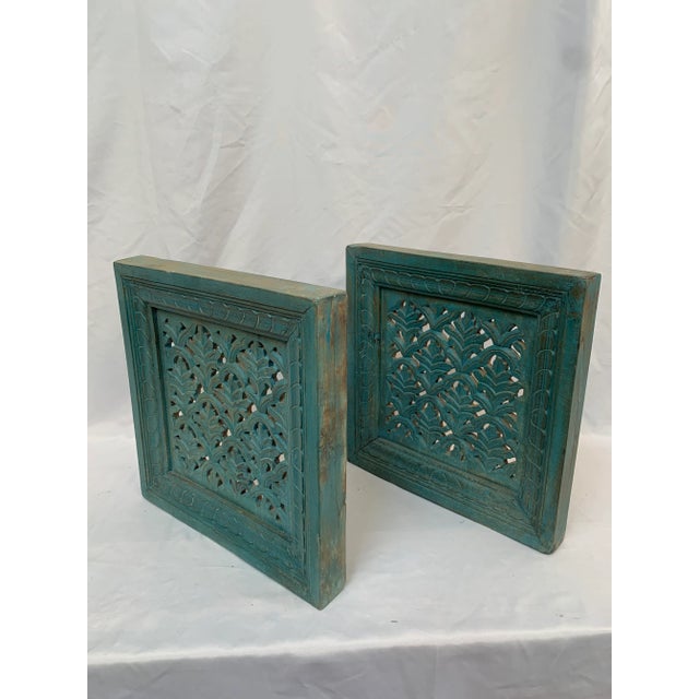Mediterranean Totally Turquoise Carved Wooden Screen 18 X 18 For Sale - Image 3 of 10