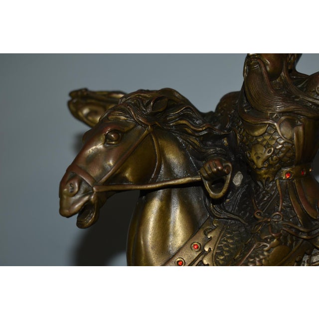 Chinese Vintage Solid Bronze Chinese Warrior Figure on Horse W/Jewels For Sale - Image 3 of 12