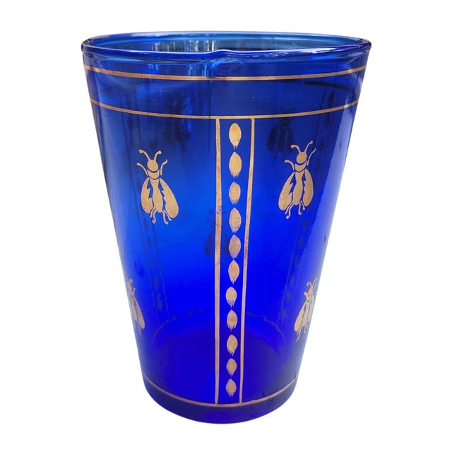 Vintage Boho Mid Century Hand Blown Cobalt Blue Glass Vase With Gold Honey Bee Accents For Sale - Image 13 of 18