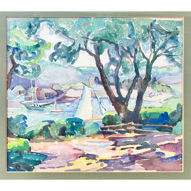 Impressionist Landscape and Sailboat Scene Watercolor Painting- Framed For Sale - Image 3 of 11