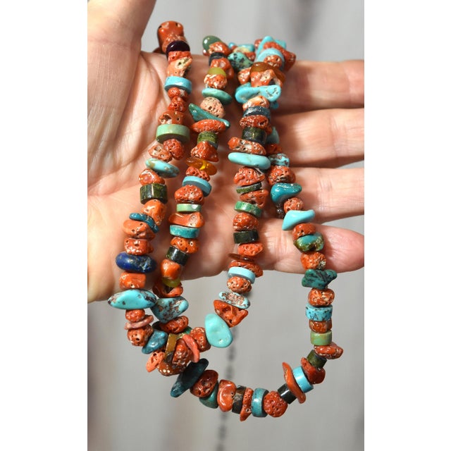 Terra Cotta Vintage Coral Turquoise and Other Mixed Stone Double Strand Native American Necklace For Sale - Image 8 of 16