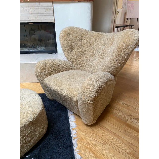 Flemming Lassen “The Tired Man” Lounge Chair & Ottoman by Flemming Lassen for Audo Copenhagen – Sheepskin Upholstery For Sale - Image 4 of 6