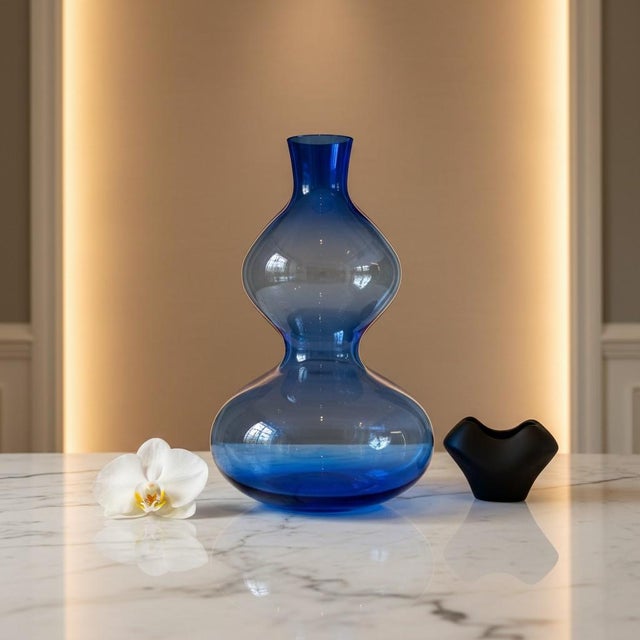 Blue Vintage Hand Blown Blue Studio Art Glass Vase-Translucent-Double Gourd-Bottle For Sale - Image 8 of 9