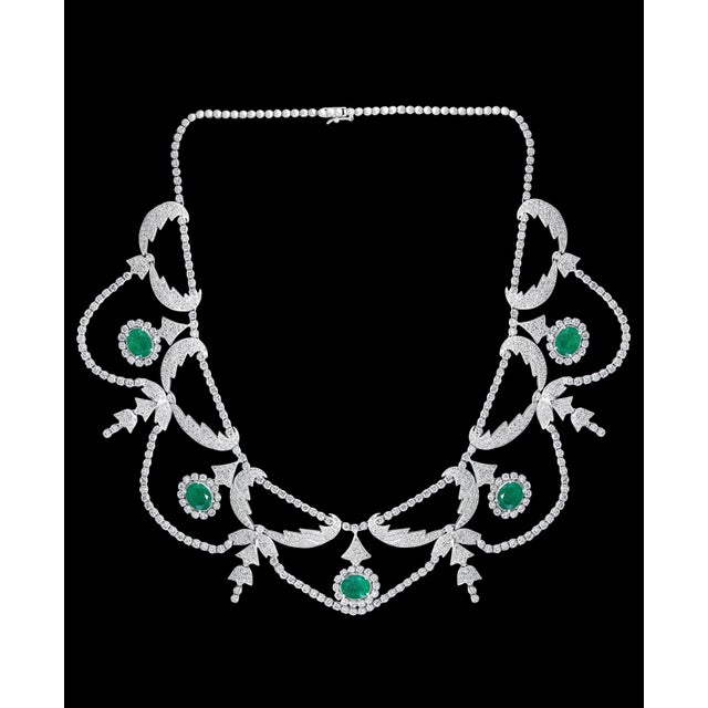 Green Oval Natural Zambian Emerald & Diamond Fringe Necklace and Earring Bridal Suite For Sale - Image 8 of 8