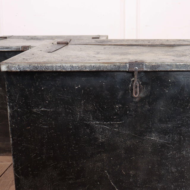 Pair of early 20th C zinc storage bins with lift up lids. 1920 This piece is designed in the style of the selected...