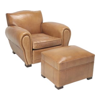 French Inspired Leather Club Chair With Ottoman Traditional Horsehair and Down For Sale