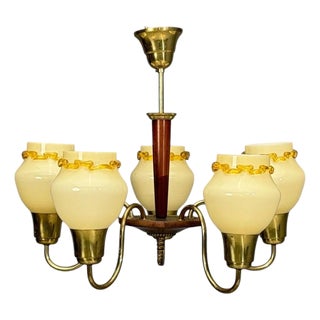 1950s Swedish Modern, Chandelier, Brass, Wood, Yellow Glass For Sale