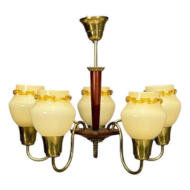 1950s Swedish Modern, Chandelier, Brass, Wood, Yellow Glass For Sale