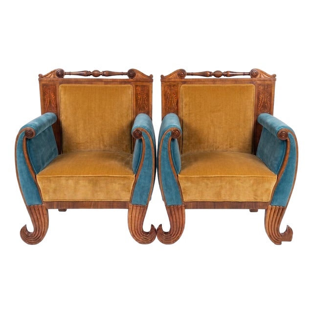 Biedermeier Armchairs with Velvet Upholstery, Set of 2 For Sale